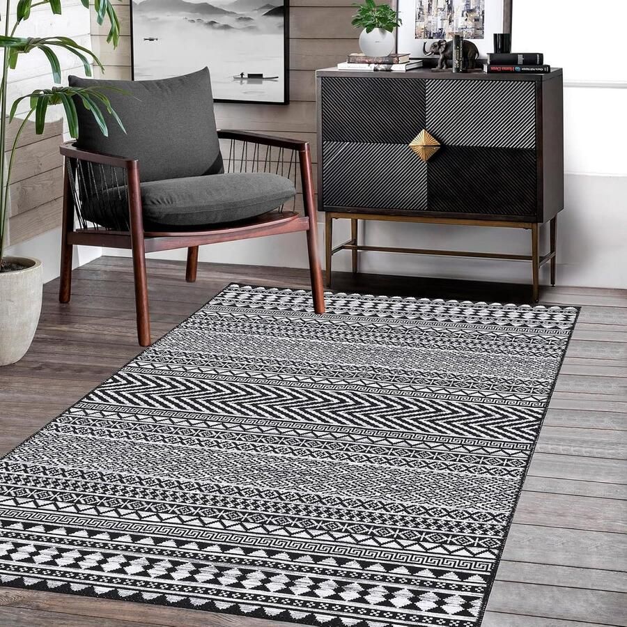 Trankielo Modern Boho-Tapijt Waterdicht en Vlekbestendig 160 x 200 cm Zwart