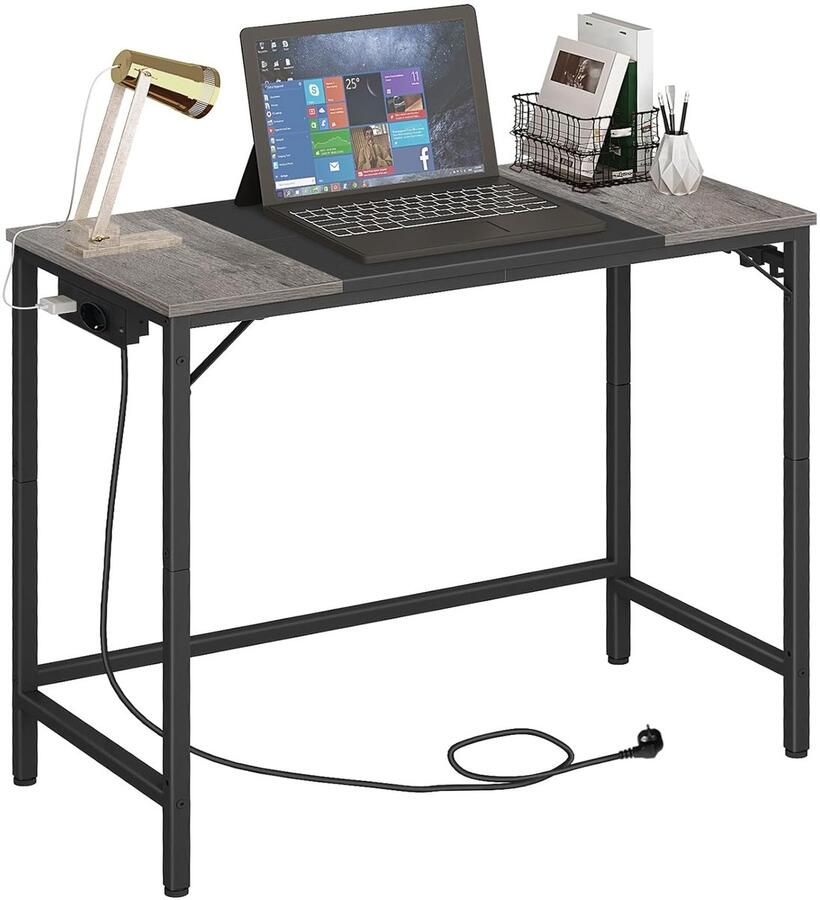 Trankielo Modern Bureau – Compact en Ruimtebesparend – Met Stekkerdoos en Handige Haken – Robuust en Stabiel – Antracietgrijs en Zwart