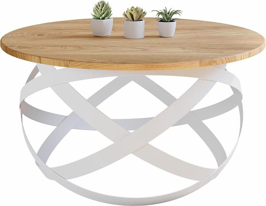 Trankielo Moderne Artisanale Salontafel Massief Eikenhout en Staal Wit Rond Ø70x40 cm