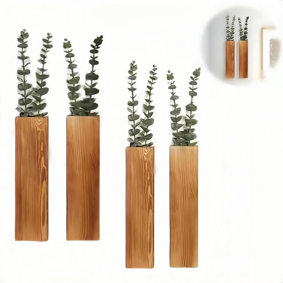 Trankielo Moderne Boerderij Wandvazen – Set van 4 – Houten Wandplanken voor Planten – Multifunctionele Wanddecoratie