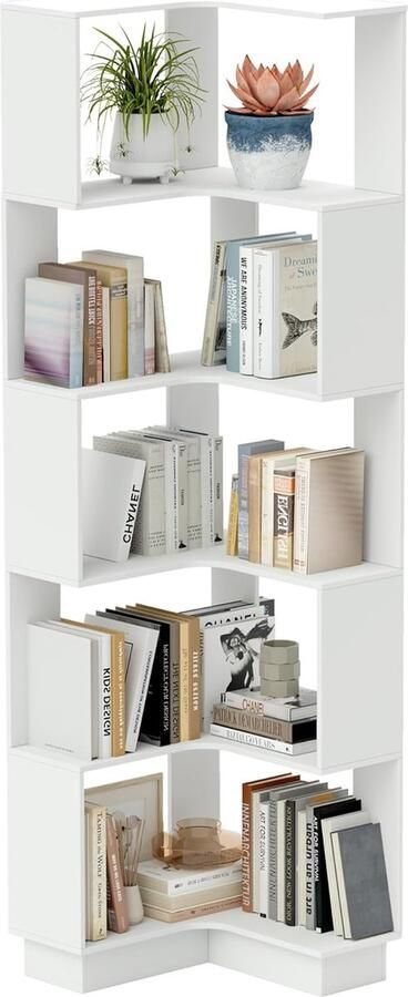 Trankielo Moderne S-vormige Hoekboekenkast 6 etages Ruimtebesparend Ontwerp Ideaal Voor Woonkamer Studiekamer Slaapkamer of Kantoor H 175cm (Wit)