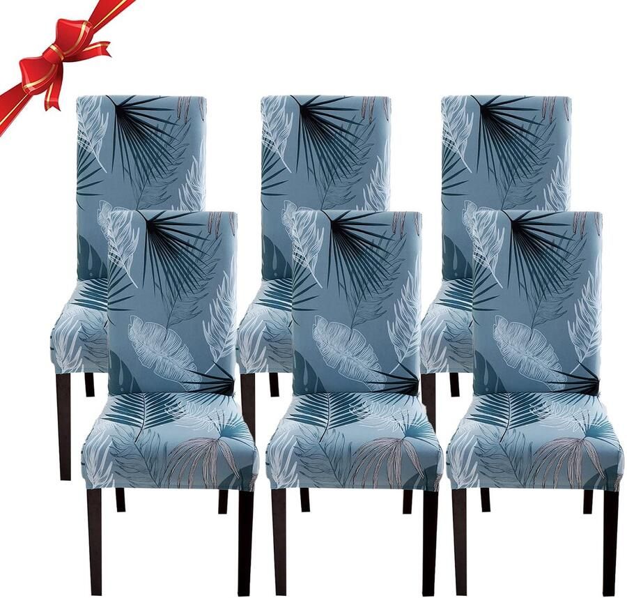 Trankielo Moderne Stretch Stoelhoezen Set van 6 Blauwe Bladeren Universele Pasvorm Duurzaam en Elastisch