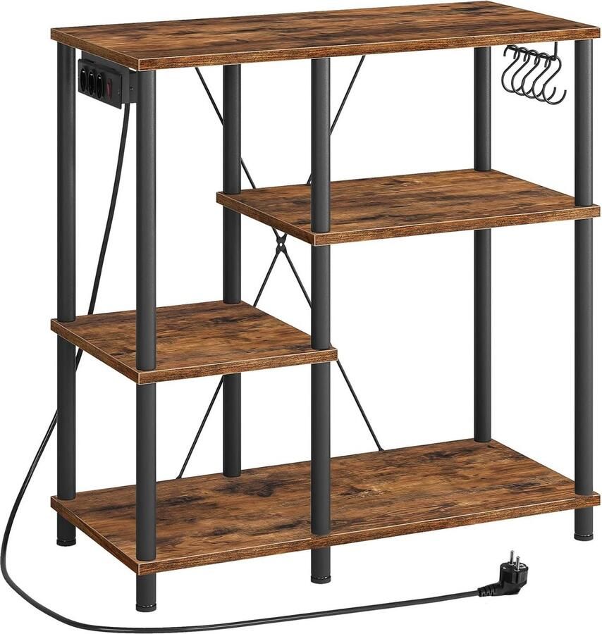 Trankielo – Multifunctioneel Bakkersrek – Keukenopbergrek met Stopcontacten – Vintage Design in Bruin en Zwart – Inclusief 5 S-Haken