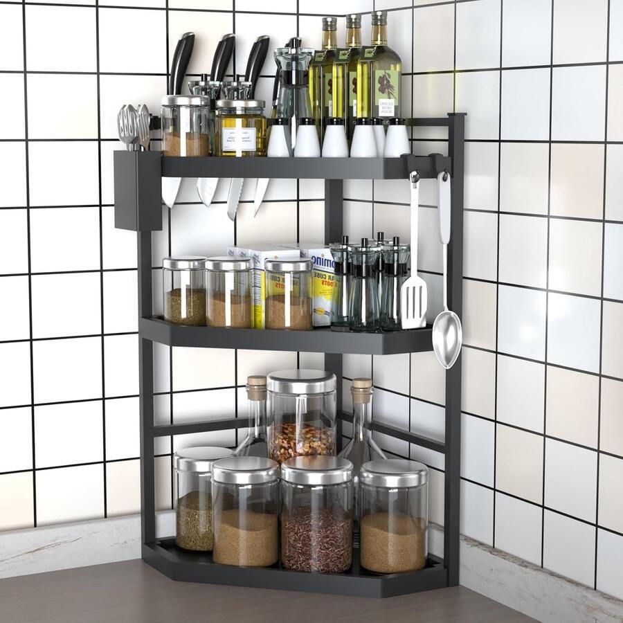 Trankielo Multifunctioneel Hoekrek met 3 Niveaus Verstelbaar Keukenorganizer RVS Zwart