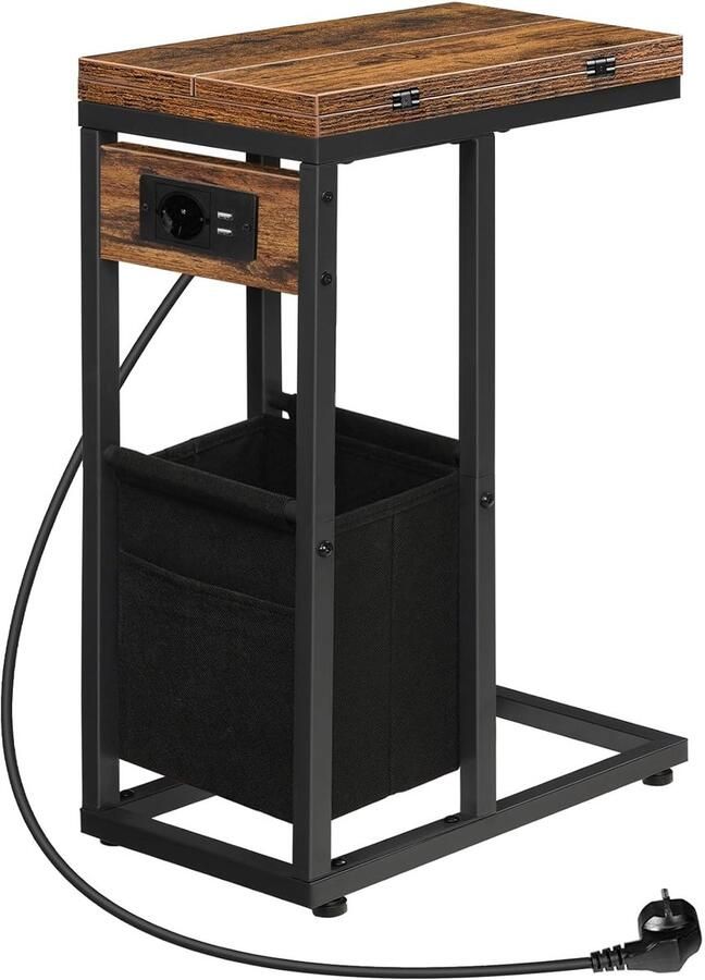 Trankielo Multifunctionele Bijzettafel met Geïntegreerd Laadstation – C-Vormig Design – Inklapbaar Tafelblad – Extra Opbergruimte met Stoffen Tas – Vintage Bruin & Zwart