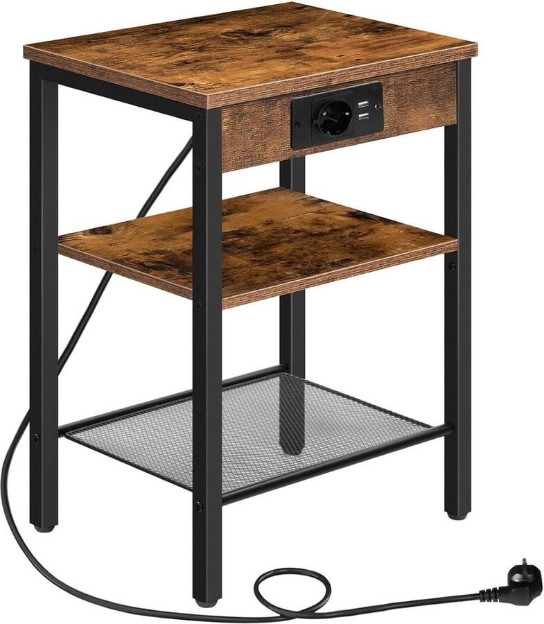 Trankielo Multifunctionele Bijzettafel met Laadstation – USB-Poorten Inbegrepen – Verstelbare Planken – Vintage Bruin