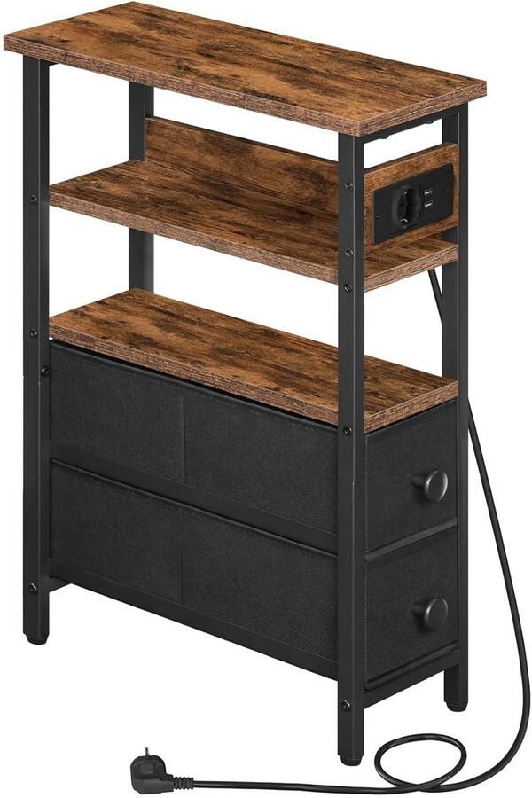 Trankielo Multifunctionele bijzettafel met oplaadstation – compact nachtkastje met opbergruimte – rustiek bruin en zwart