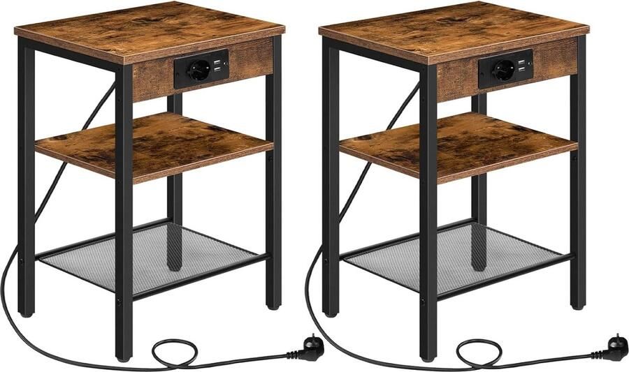 Trankielo Multifunctionele Bijzettafel Set – Ingebouwde Laadstations en USB-poorten – Verstelbare Planken – Vintage Bruin – Voor Woonkamer en Slaapkamer