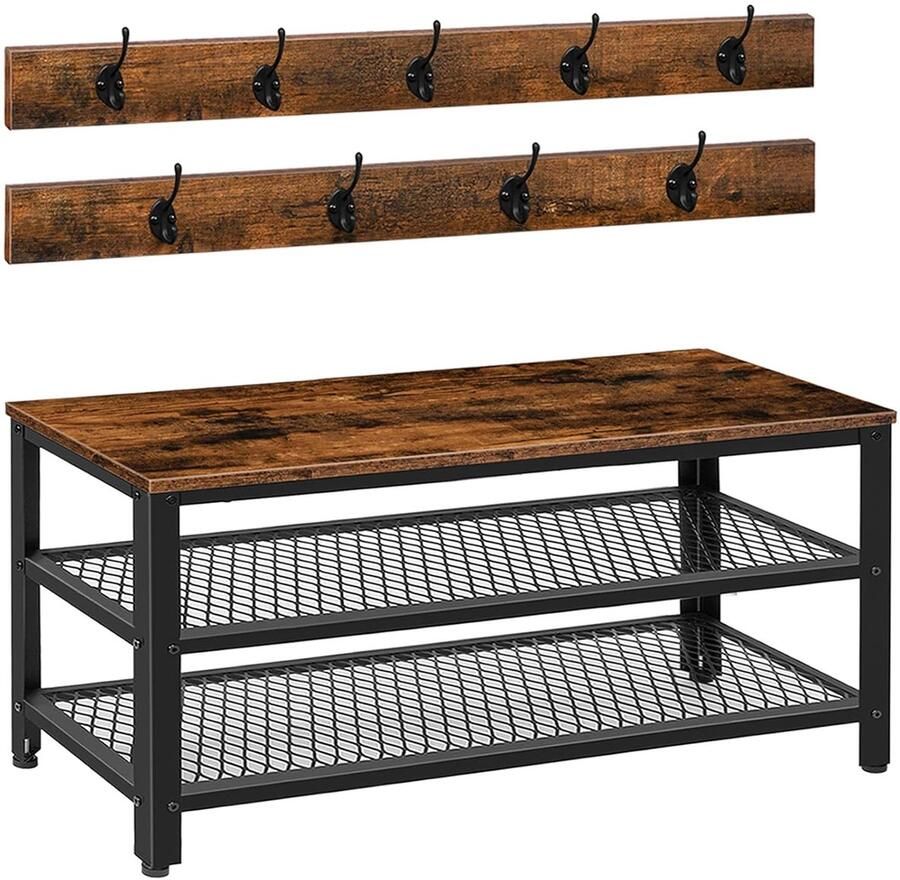 Trankielo Multifunctionele Garderobe Schoenenrek Set – Industriële Stijl – 100cm Brede Kapstok met Zitbank – Donkerbruin-Zwart