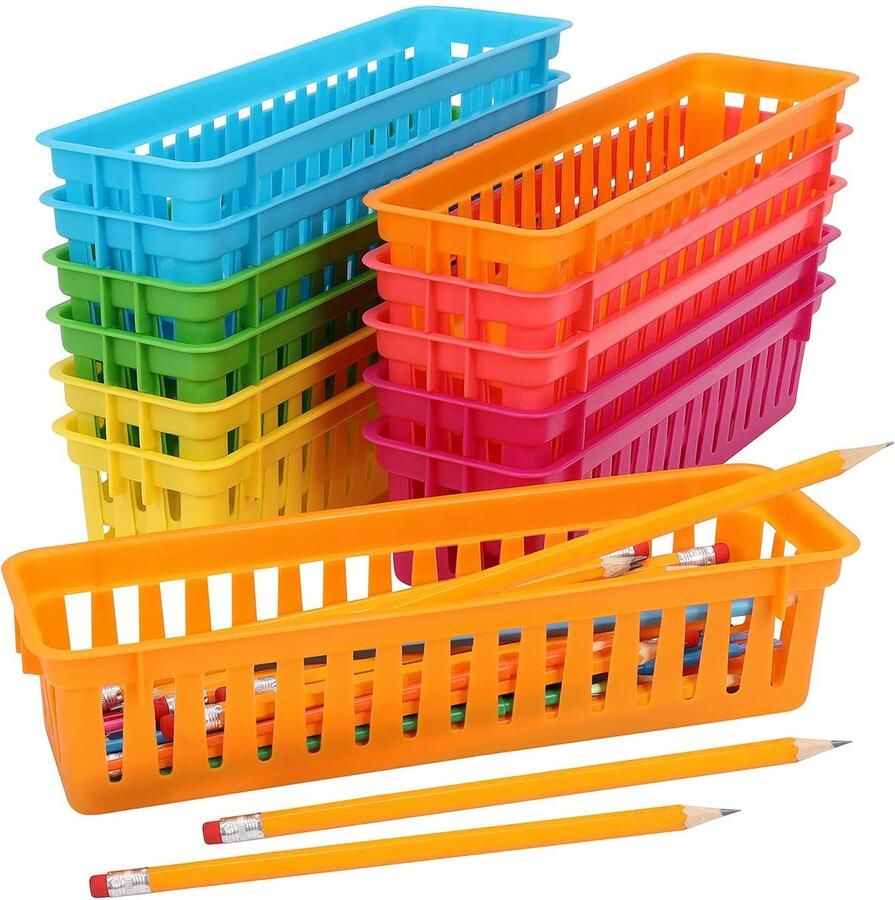 Trankielo Multifunctionele Opbergmandjes (12-Pack) – Gekleurde Kunststof Organizers voor Bureau- en Klasbenodigdheden – Pennen en Potloodhouders