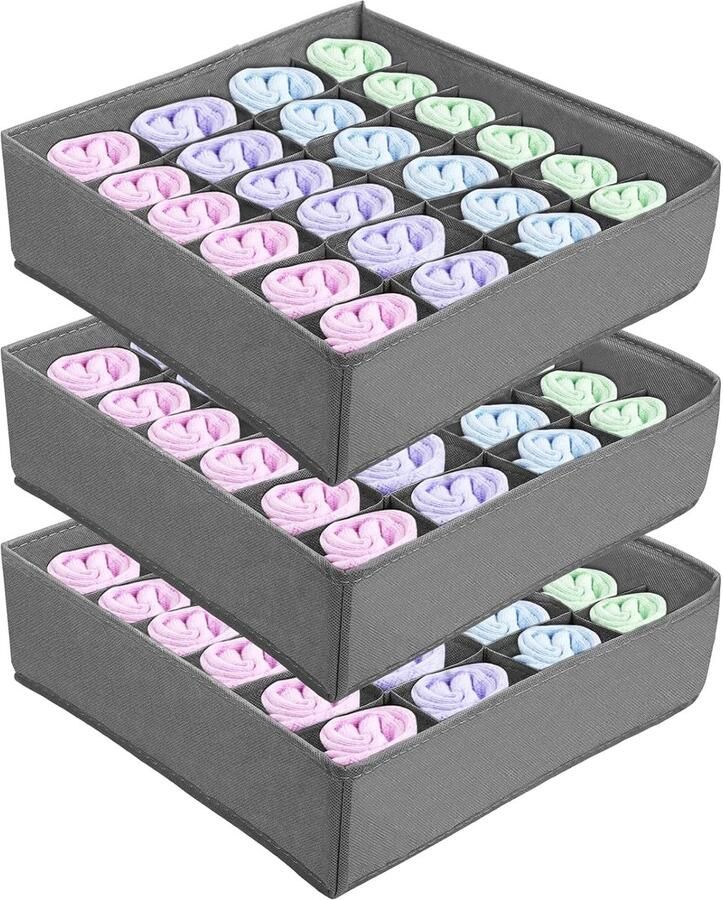 Trankielo Opvouwbare Lade Organizers voor Sokken en Ondergoed – Set van 3 Grijs – Vliesstof – 24 Cellen – Ruimtebesparende Opbergdozen