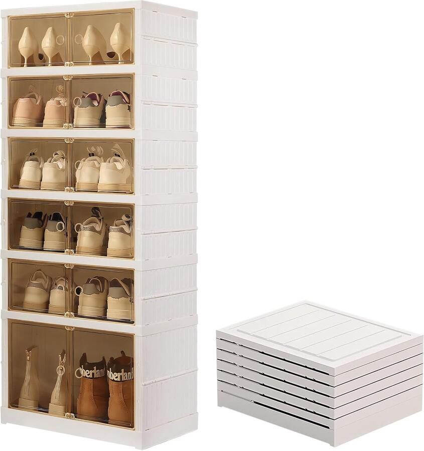 Trankielo Opvouwbare Schoenendozen Set van 12 Schoenen Organisator met Magnetische Deur Transparante Schoenen Opbergdoos