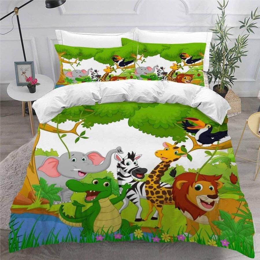 Trankielo Premium 3D-beddengoedset 140 x 200 cm Jungle dieren thema Microvezel Dekbedovertrek 3-delig Voor eenpersoonsbedden Ideaal voor kinderen tieners jongens & meisjes