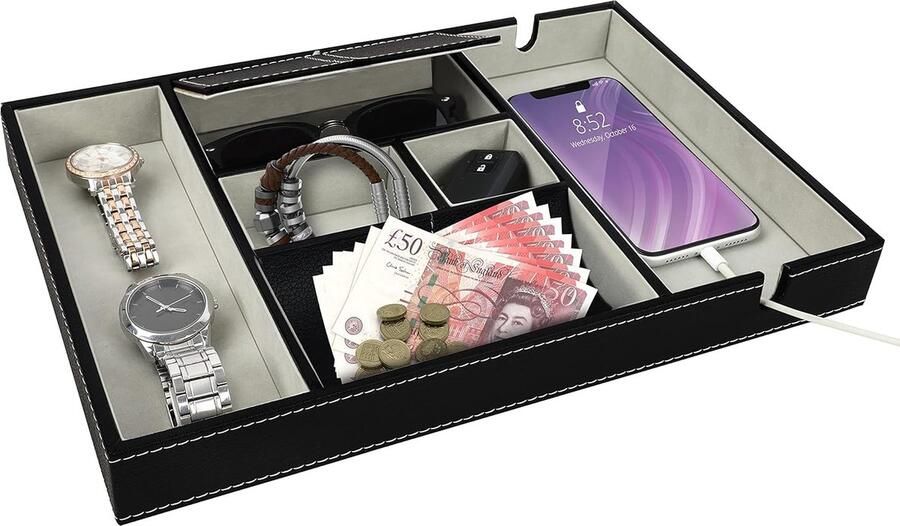 Trankielo Premium Valet Dressoir Organiser – Zwart Faux Lederen Nachtkastje Bureau Opslag – 6 Compartimenten voor Telefoon Sleutels Sieraden Accessoires