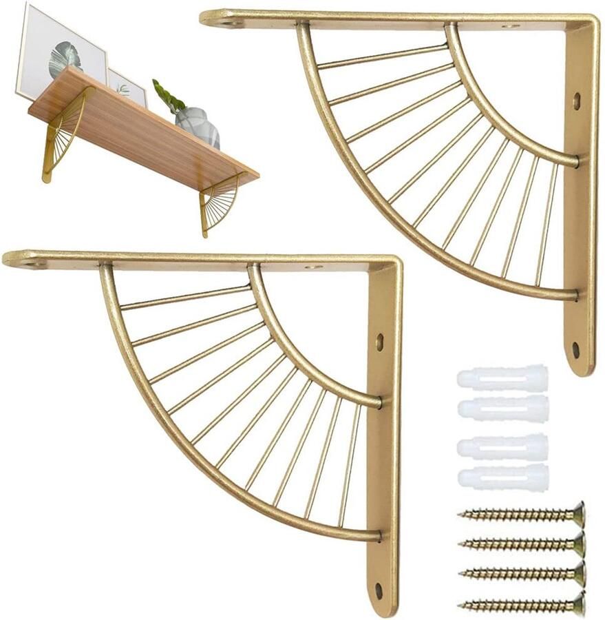 Trankielo Roestvrijstalen wandplanken 20cm – Set van 2 – Waaiervormige consolehouder – Goudkleurig – Voor keuken slaapkamer kantoor