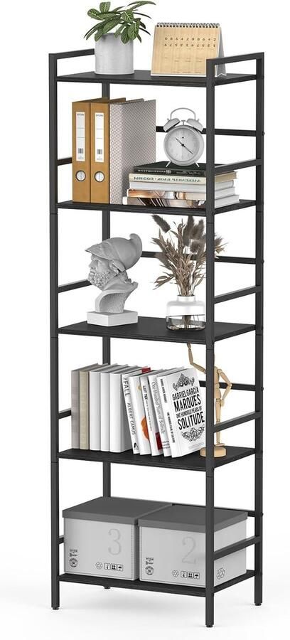 Trankielo Ruime 5-Laags Boekenkast met Industriële Look Zwart Metalen Frame en Houten Planken Perfect voor Woonkamer Slaapkamer of Kantoorruimte
