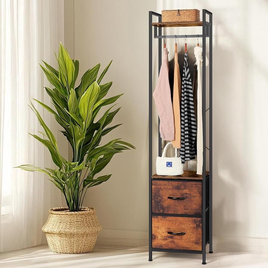 Trankielo Rustieke Kapstok met Kledingstang en 2 Lades Vintage Bruin Hout en Metaal 40 x 29 2 x 180 8 cm