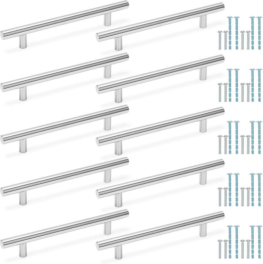 Trankielo RVS Kastgrepen (10 Stuks) – 128mm Gatcentrum 190mm Lengte Zilveren T-Bar Trekknoppen voor Keukenlade of Kastdeur