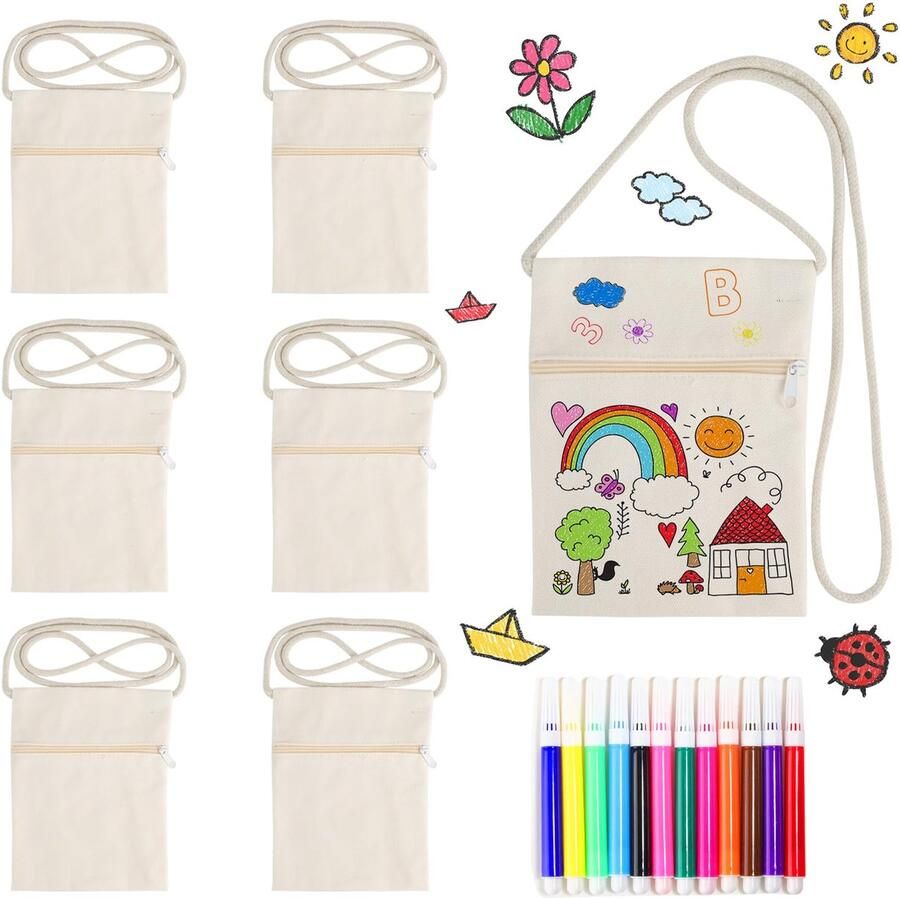 Trankielo Schouderportemonnee voor kinderen 6 stoffen zakjes om te beschilderen 12 aquarelstiften beige