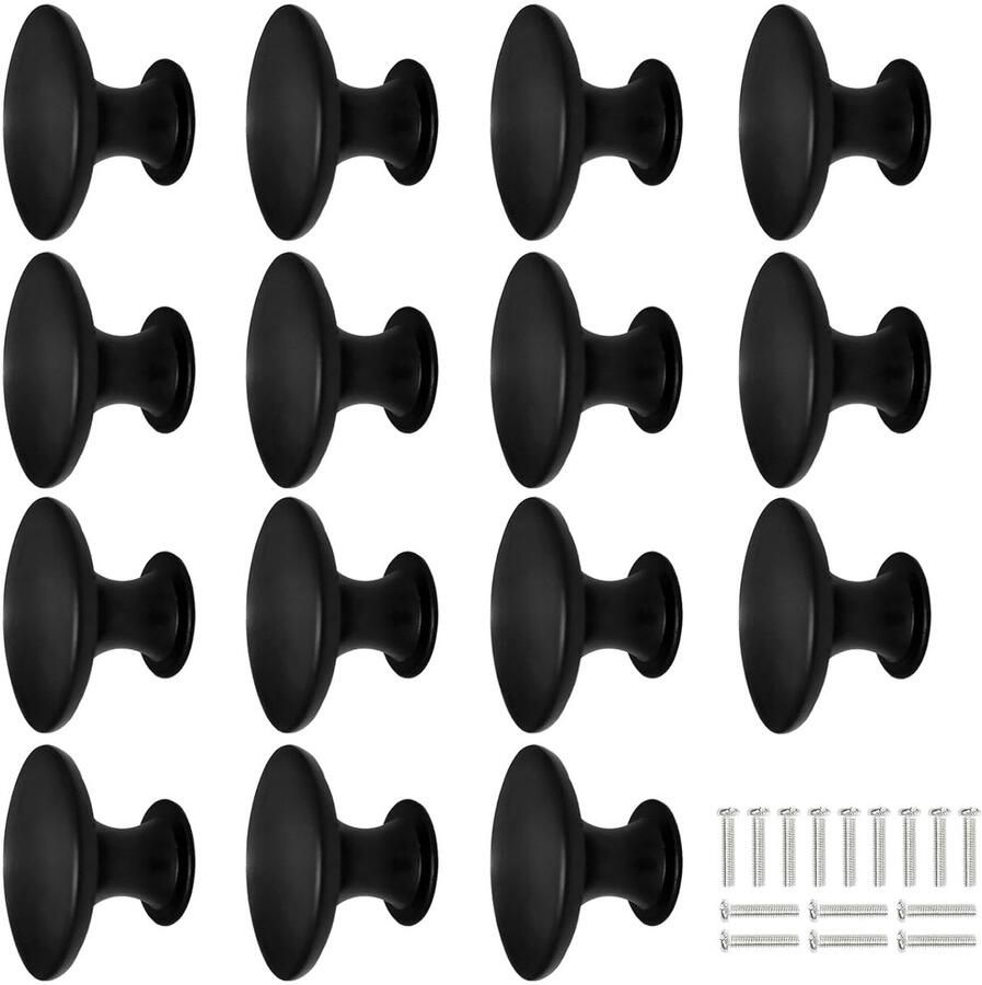 Trankielo Set van 15 Kastknoppen – Zwart Aluminiumlegering – Mat Ronde Meubelknoppen – 30mm – Geschikt voor Keuken Kasten en Laden