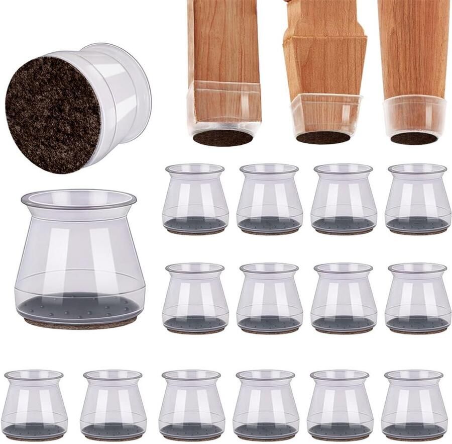 Trankielo – Set van 16 Beschermkappen voor Stoelpoten – 17-19 mm – Siliconen Doppen met Vilt – Meubelbeschermers voor Hardhouten Vloeren – Transparant Zwart