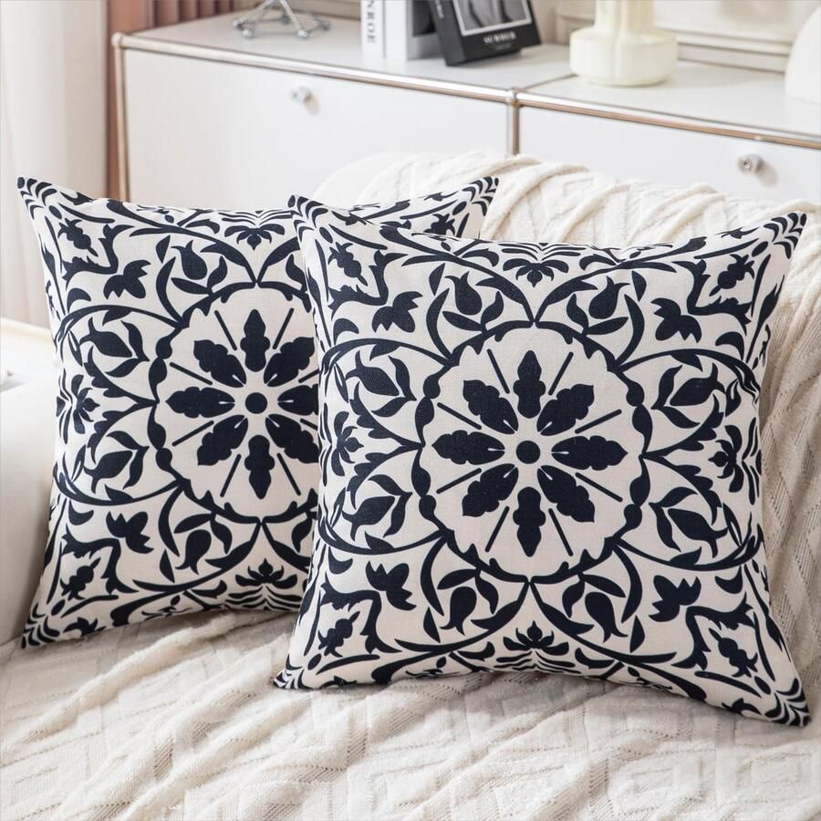 Trankielo Set van 2 linnen kussenhoezen in zwart – 50x50cm – Etnisch boho design – met onzichtbare rits – ideaal voor bank woonkamer en slaapkamer
