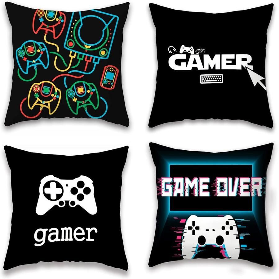 Trankielo – Set van 4 Alfabet Kussenslopen – Kwalitatieve Linnen Gamekussenhoes – Unieke Geschenkitem – 45x45 cm – Perfect voor Slaapbank of Gamekamer