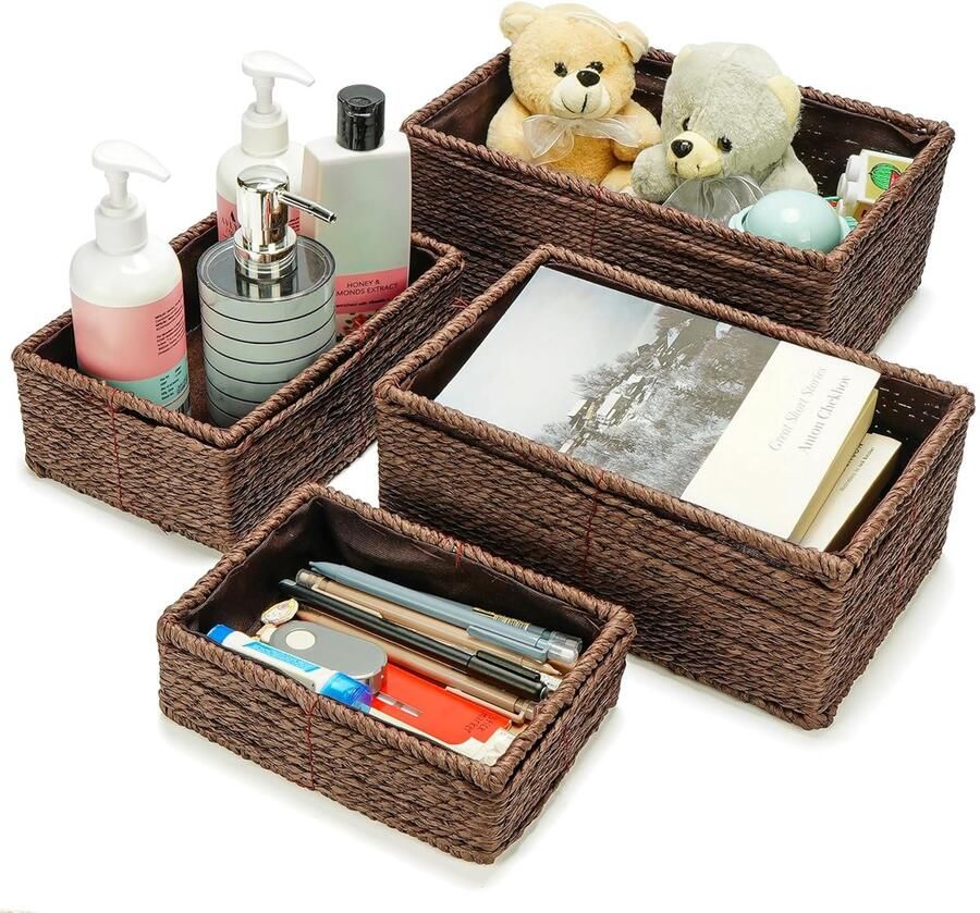Trankielo Set van 4 Gevlochten Opslag Manden Handgeweven Rattan Nest Organizers voor Woonkamer Badkamer Kasten en Planken