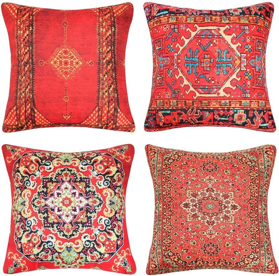 Trankielo Set van 4 Luxe Decoratieve Kussenslopen – 45x45 cm – Antiek Oosters Tapijt Design – Hoogwaardig Katoenen Linnen – Voor Binnen- en Buiten – Perfect voor Woonkamer Slaapkamer Bank en Tuin