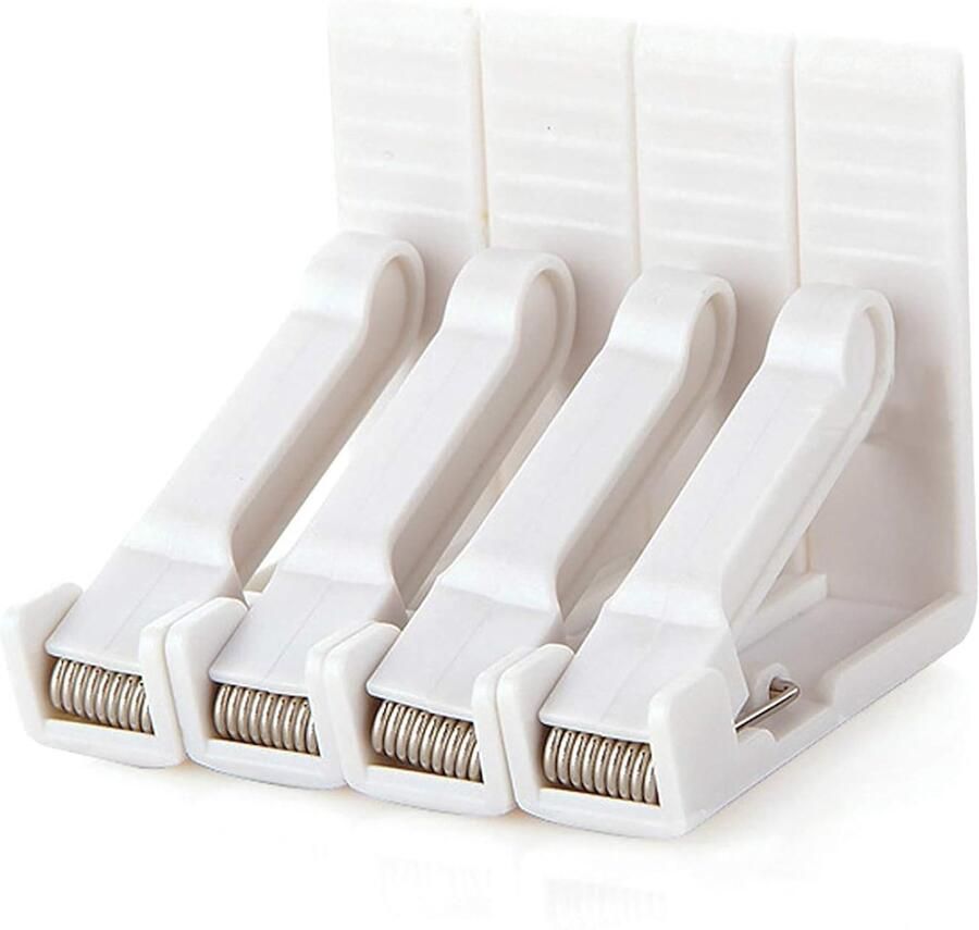 Trankielo Set van 4 Tafelkleedklemmen – Verstelbaar en Roestbestendig – Wit Kunststof – Geschikt voor Bureaudikte tot 4 5 cm – Ideaal voor Tuin Picknick en Feesten 5 8 x 5 8 x 1 5 cm