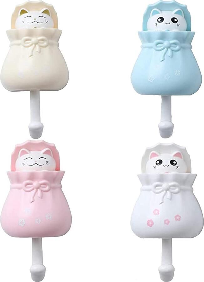Trankielo – Set van 4 Zelfklevende Handdoekhaken met Kat Ontwerp – Kapstokhaken – Sleutelhaken – Decoratieve Wandhaken voor Jassen Handdoeken Sleutels Tassen en Hoeden