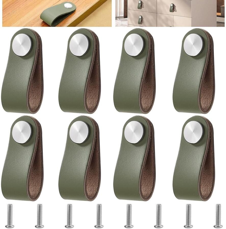 Trankielo Set van 8 Groene Lederen Meubelgrepen – Kwaliteit Kastgrepen – Duurzaam en Robuust – Inclusief Bevestigingsschroeven