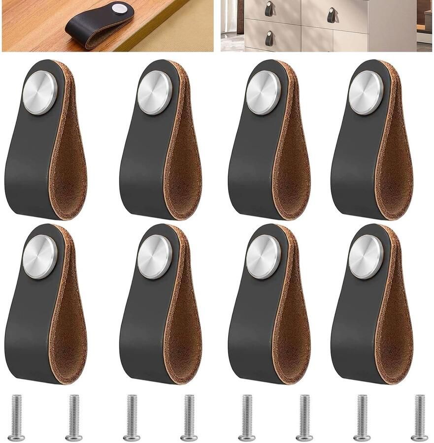 Trankielo Set van 8 Lederen Meubelknoppen Zwart – Duurzame Deurknoppen voor Kasten – Inclusief Schroeven – Kwalitatieve Lederen Handgrepen voor Keuken en Kasten