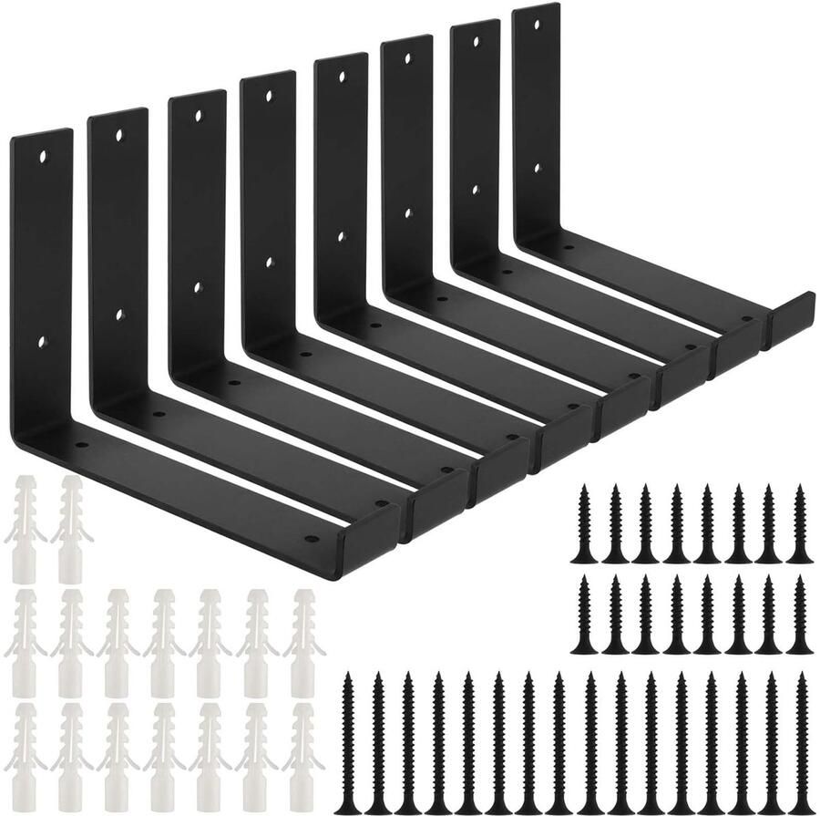 Trankielo Set van 8 zwarte L-beugels 8 x 6 inch voor planken in woonkamers keukens kantoren en bars. Stevige lipbeugels