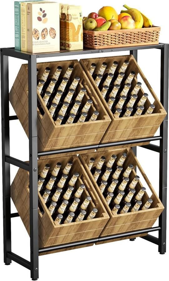 Trankielo Stabiel Drankkrattenrek met Vuurkleurige Houten Plank Zwart Metalen Opslagrek Multifunctioneel Vrijstaand Krattenrek voor Keuken Woonkamer Slaapkamer en Wijnkelder