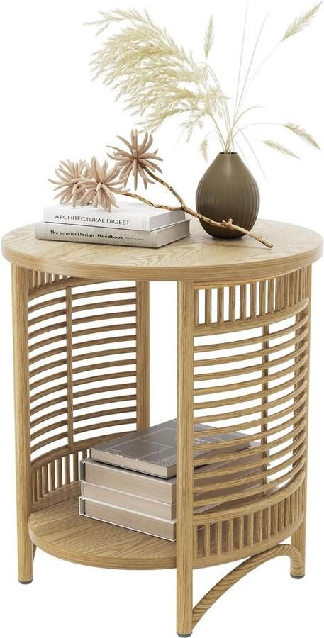 Trankielo Stijlvolle Boho Bijzettafel met Dubbele Laag Opslag Massief Houten Poten