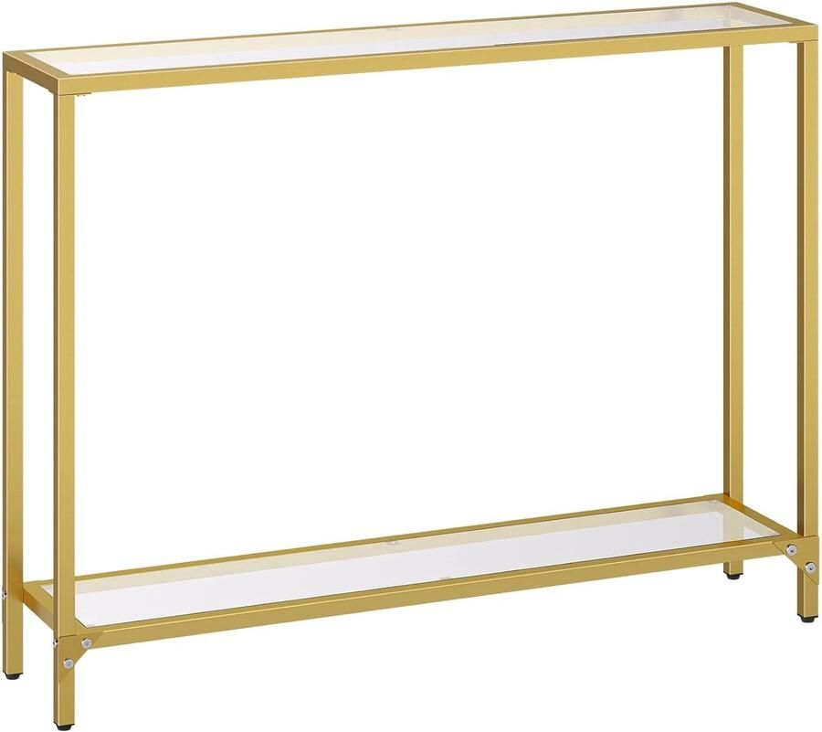 Trankielo Stijlvolle Consoletafel met Planken – Gehard Glas en Gouden Metalen Frame – Moderne Banktafel voor Woonkamer en Hal