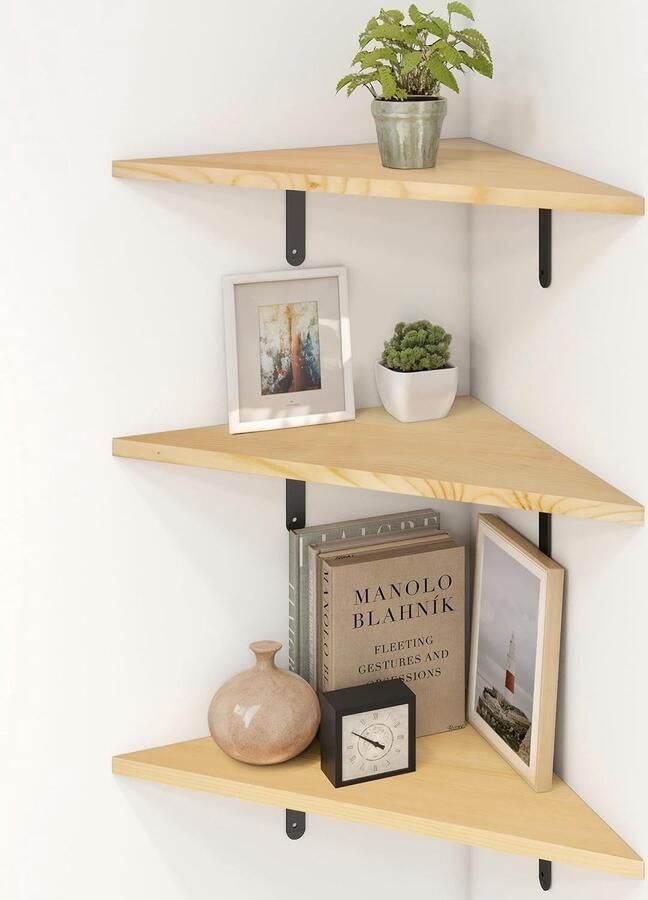 Trankielo Stijlvolle Houten Hoekplanken Set van 3 Massief Grenenhout Modern en Landelijk Design