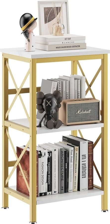 Trankielo Stijlvolle Marmeren Boekenkast met 3 Planken en Stabiel X-Frame Modern Wit en Goud Ontwerp voor Woonkamer Slaapkamer Keuken Werkkamer en Badkamer