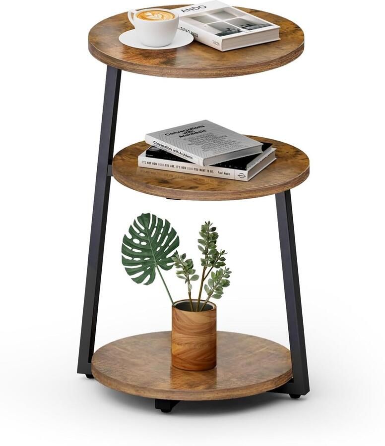 Trankielo Stijlvolle Ronde Bijzettafel met Drie Verdiepingen en Metalen Frame