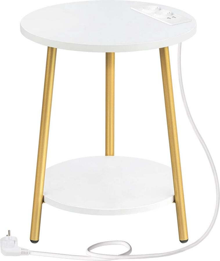 Trankielo – Stijlvolle Ronde Bijzettafel met Laadstation – Multifunctioneel en Compact – Wit en Goud