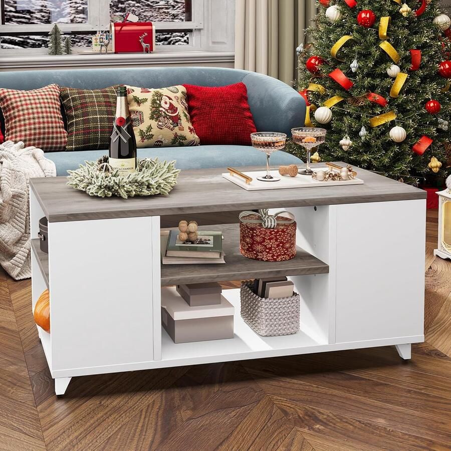 Trankielo Stijlvolle Salontafel met 3 Niveaus en Zijplank Multifunctionele Bijzettafel in Wit en Grijs