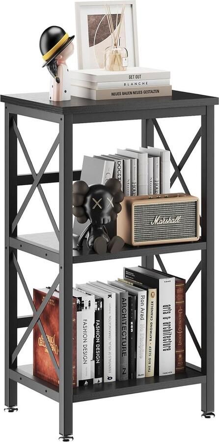 Trankielo Stijlvolle Staande Boekenkast met 3 Planken en X-frame Zwart Verstelbaar en Multifunctioneel