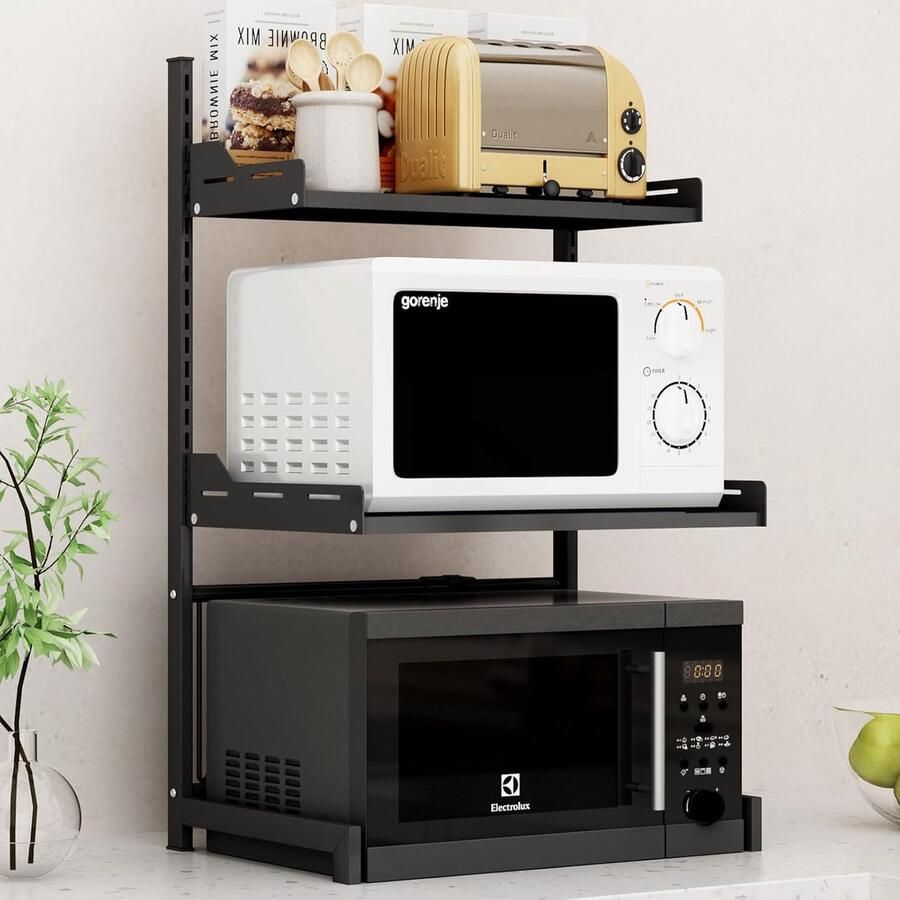 Trankielo Uitbreidbaar 3-Etagen Magnetronrek Hoogteverstelbaar Koolstofstaal Zwart