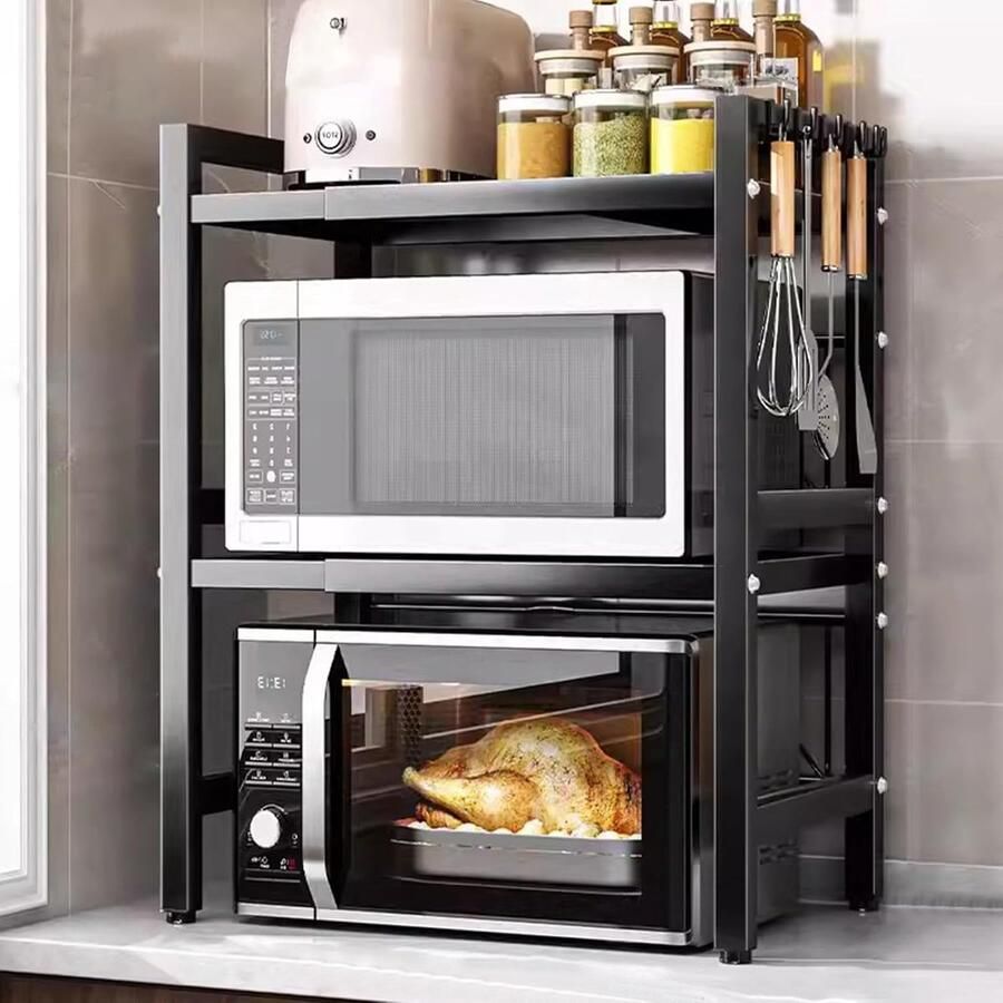 Trankielo Uitbreidbaar Magnetronrek 3 Niveaus Keuken Organizer met Verstelbare Afmetingen en 6 Haken Zwart