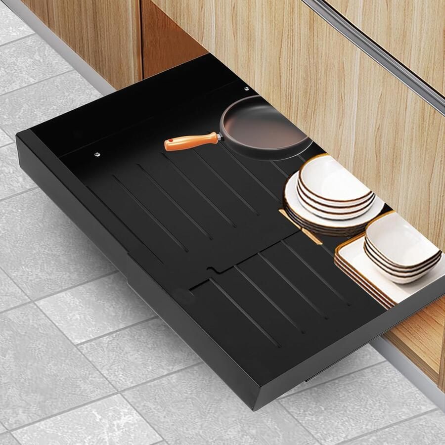 Trankielo Uittrekbare Keukenkast Organizer Zwarte Telescopische Lade voor opbergen 44 x 31 x 7 cm