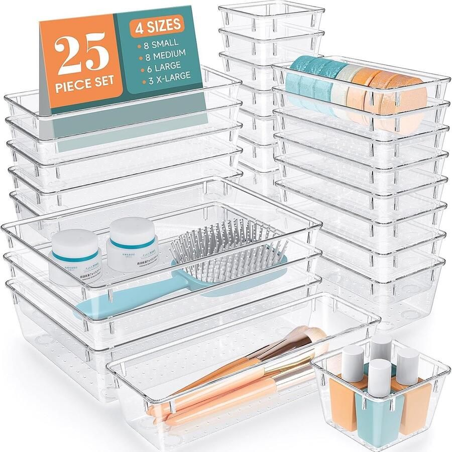 Trankielo – Veelzijdige Lade Organisator Set van 25 Stuks – Transparante Kunststof Ladeverdelers – 4 Maten voor Make-up Bureau Dressoir Badkamer Kantoor Slaapkamer Sieraden