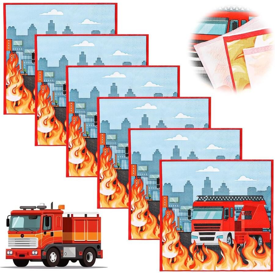 Trankielo Verpakking van 40 Brandweer Thema Servetten – Vierkant – Kinderfeest – Verjaardag – Tafeldecoratie – 33 x 33 cm