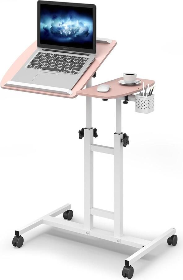Trankielo Verstelbare Mobiele Laptoptafel met Wielen Studietafel voor Thuis en Kantoor Roze