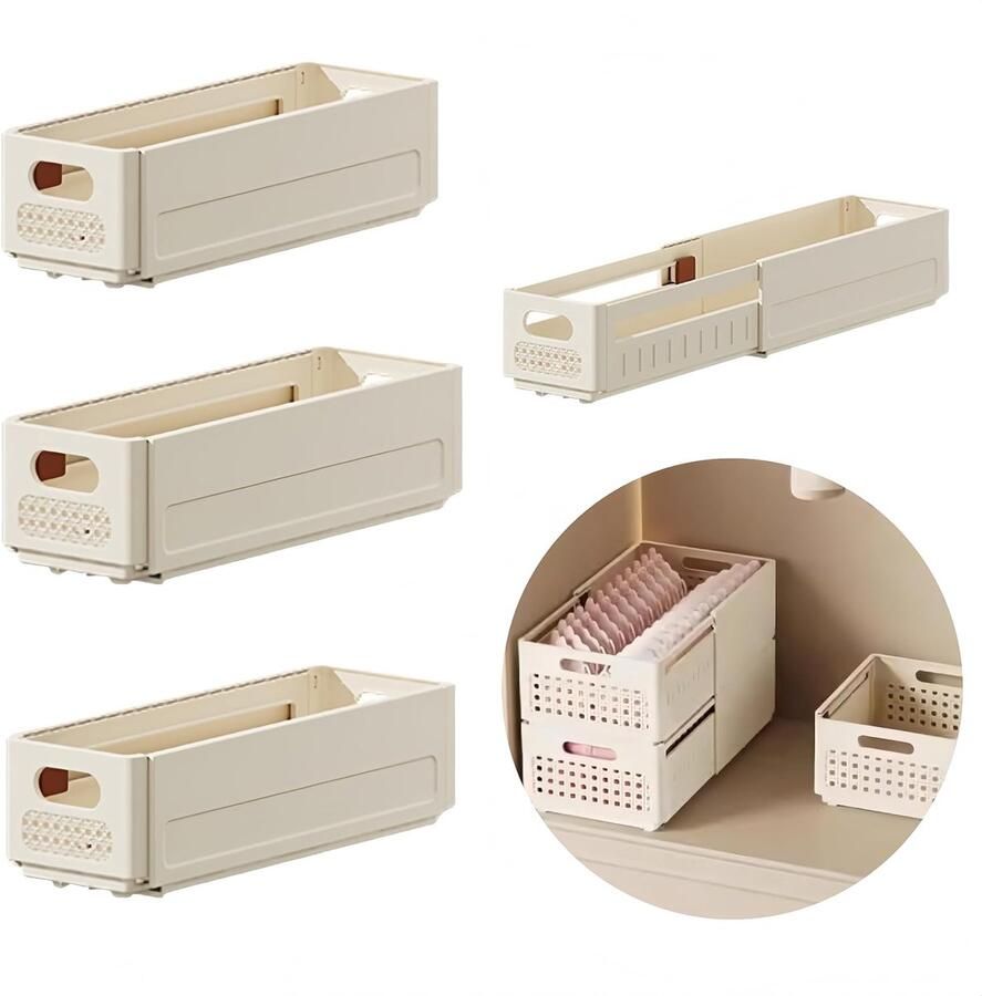 Trankielo Verstelbare Opbergdozen – Kunststof Organiser met Handgrepen – Ruimtebesparende Kast- en Lade Organisator – Crème Kleurig